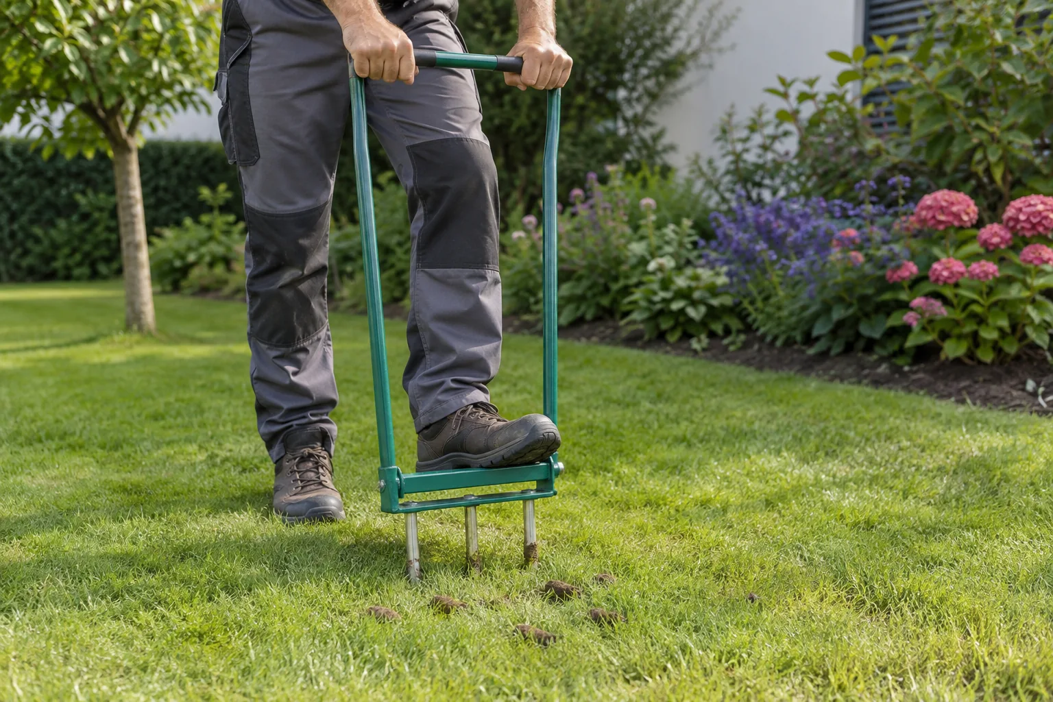 Belüften einer vorhandenen Rasennarbe mit einem manuellen Hohlzinken-Gerät