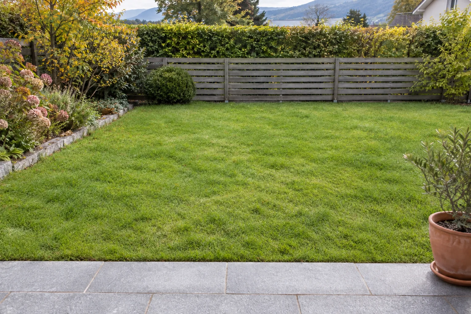 Derselbe Gartenrasen nach Mähen, Aufnehmen von Laub und Kantenpflege