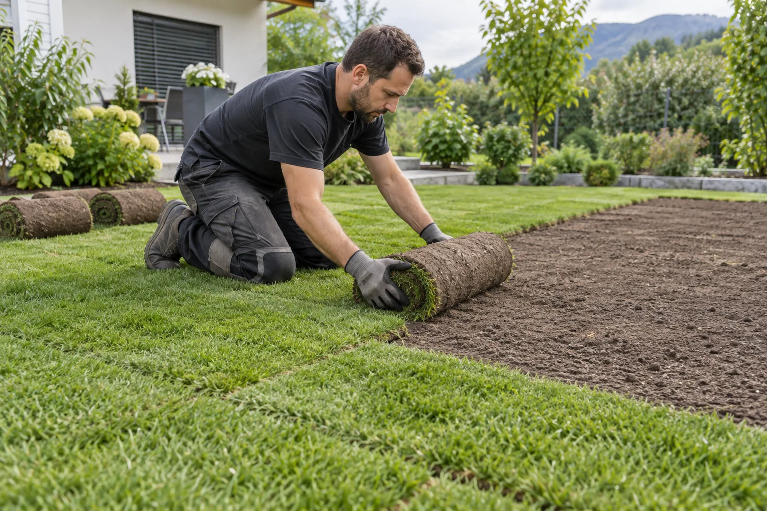 Gartenarbeiter verlegt Rollrasen auf vorbereitetem Untergrund
